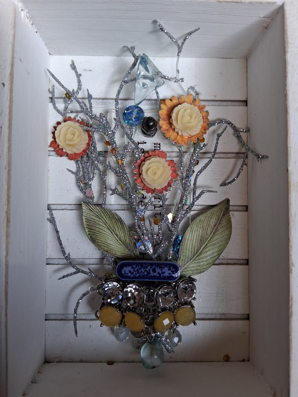 Decorative Mixed-Media Jewelry Art Floral Wall Accent in Cream, Yellow & Green